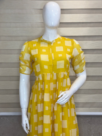 Yellow Abstract Square Print Center Zip Georgette Maxi