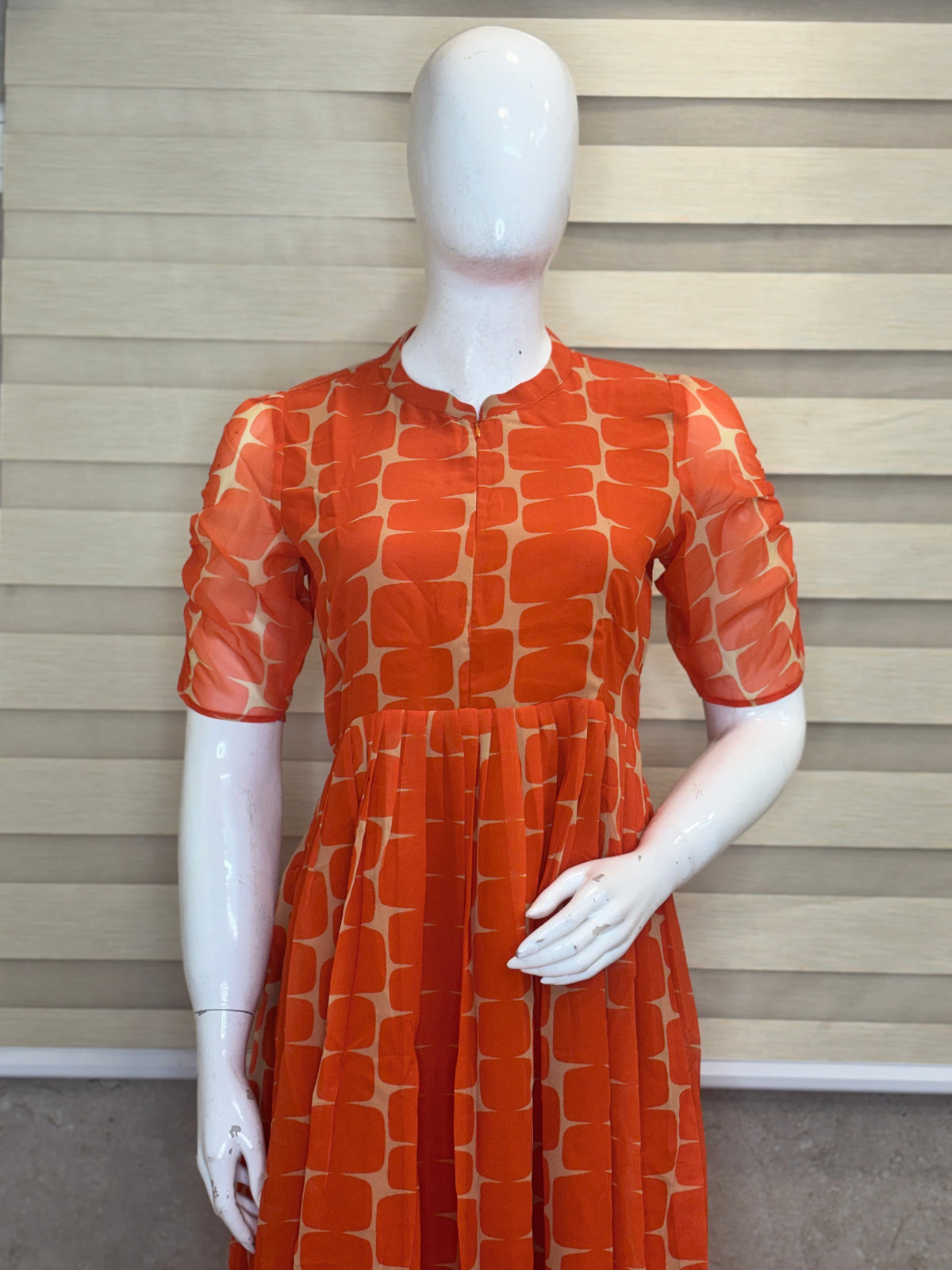 Burnt Orange Abstract Print Center Zip Georgette Maxi