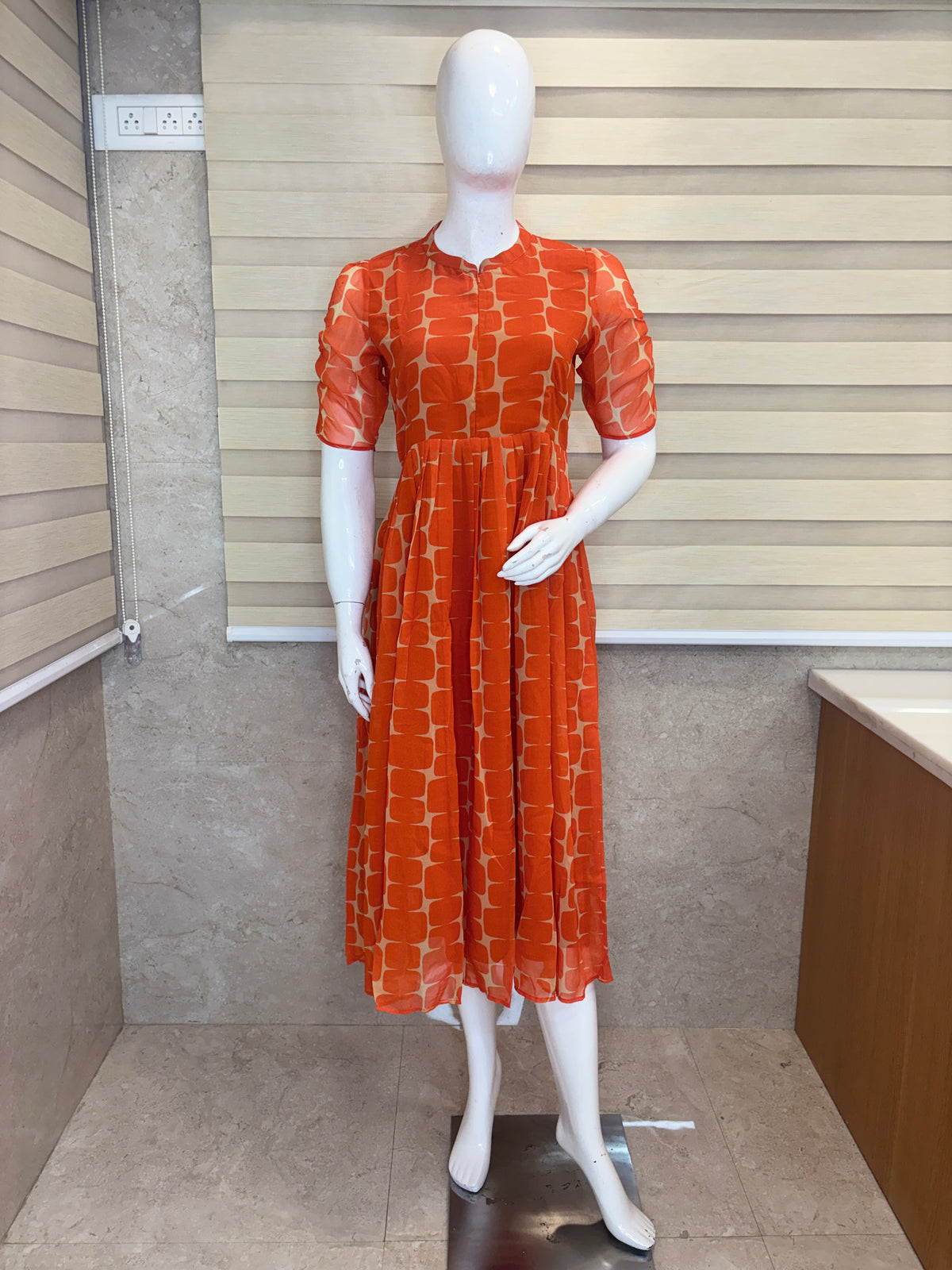 Burnt Orange Abstract Print Center Zip Georgette Maxi