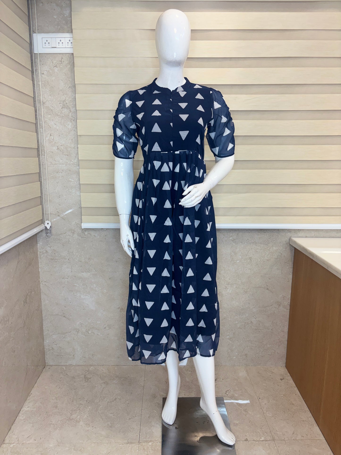 Navy Blue Geometric Triangle Print Center Zip Maxi