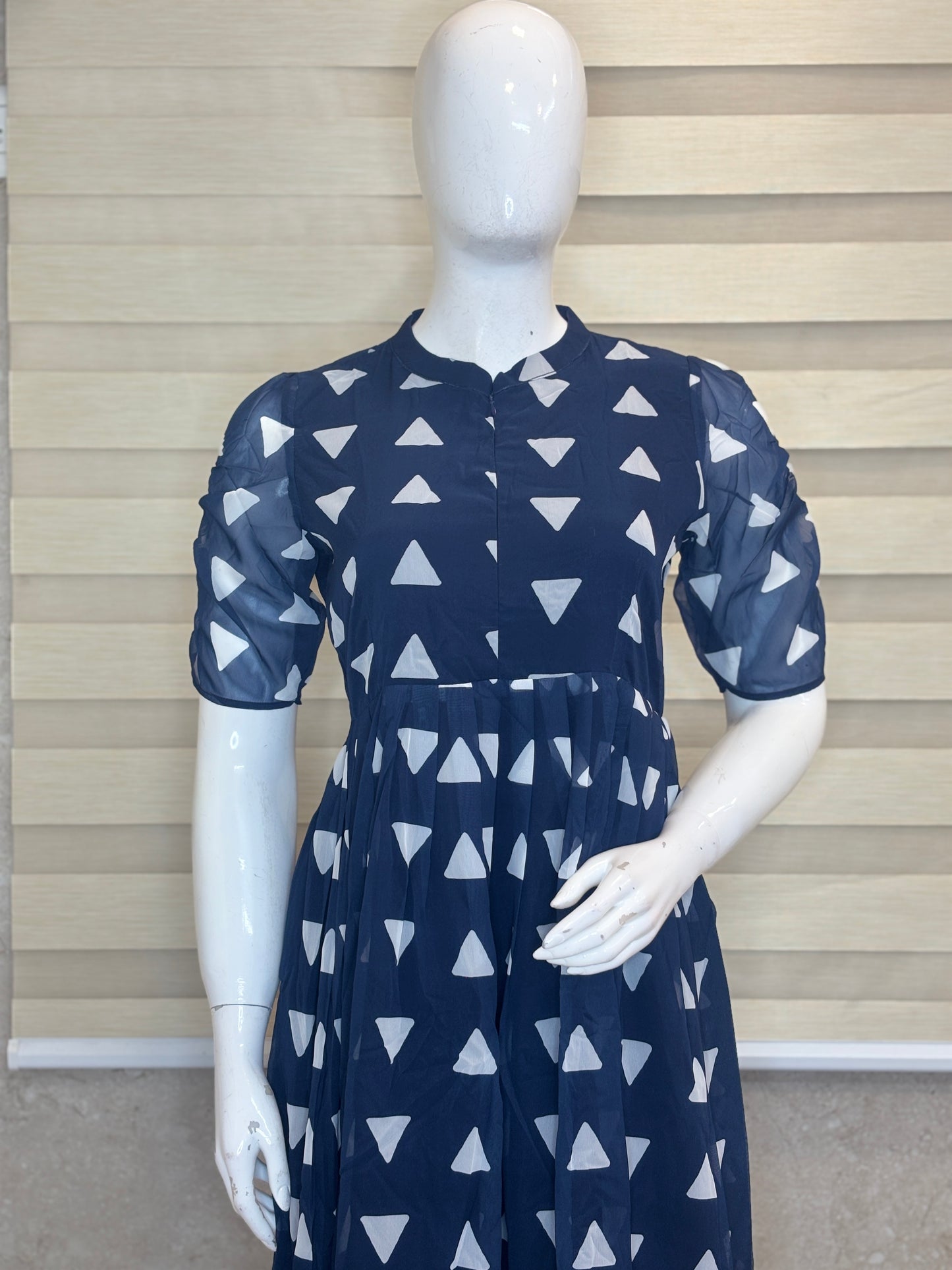 Navy Blue Geometric Triangle Print Center Zip Maxi