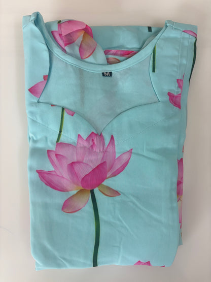Aqua Blue Lotus Floral Feeding Georgette Maxi