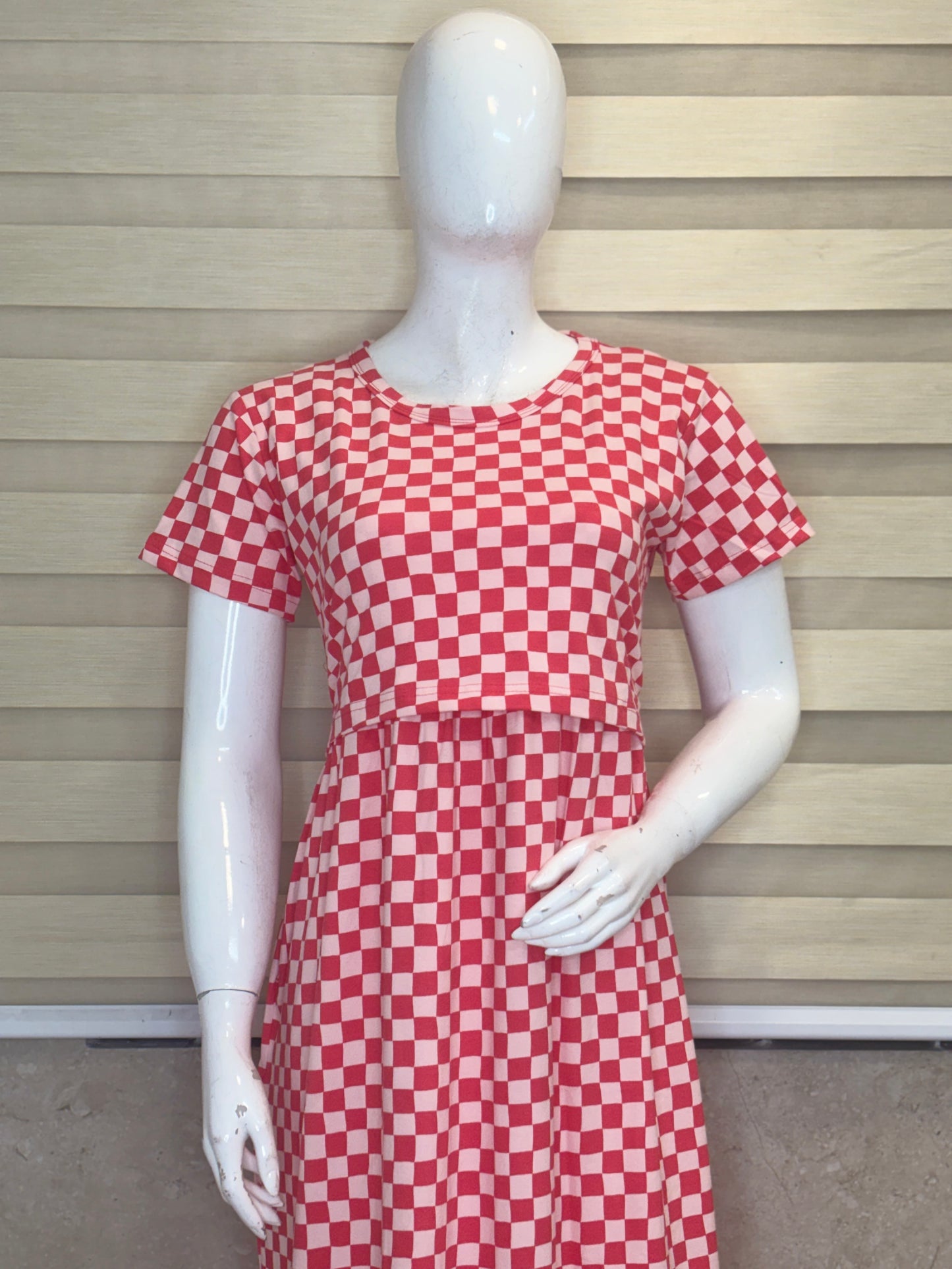 Coral Pink Checkerboard Maternity Maxi