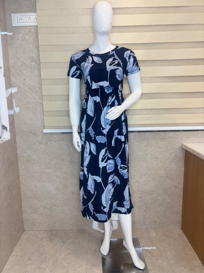 Navy Blue Abstract Floral Print Maternity Maxi