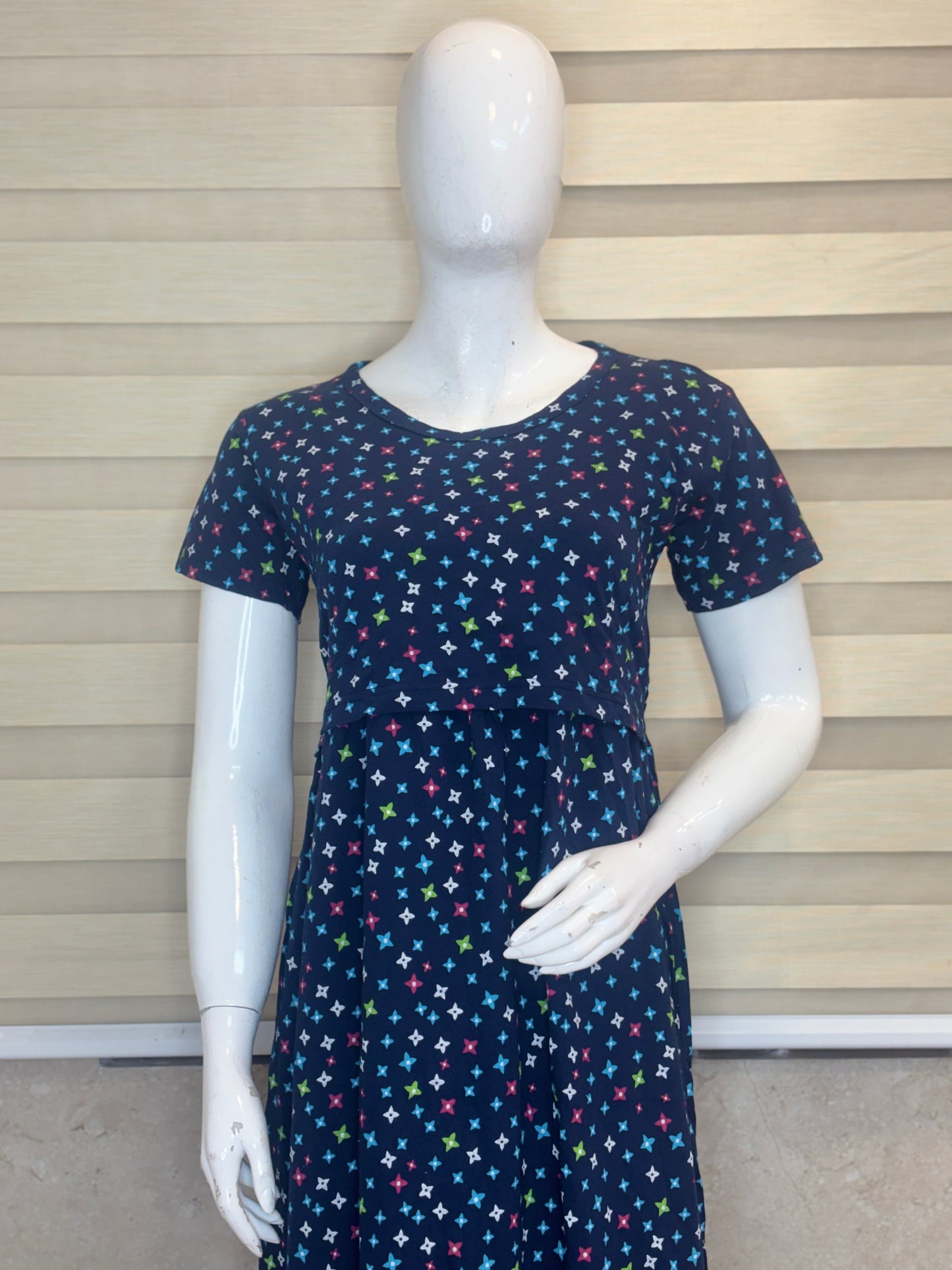 Navy Blue Tiny Floral Print Maternity Maxi