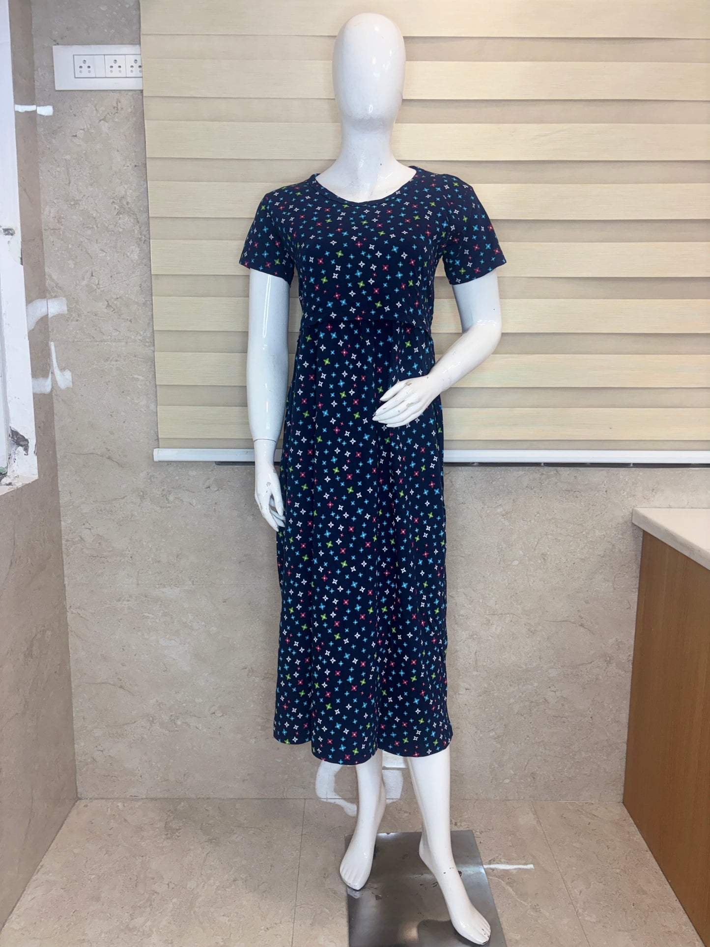Navy Blue Tiny Floral Print Maternity Maxi