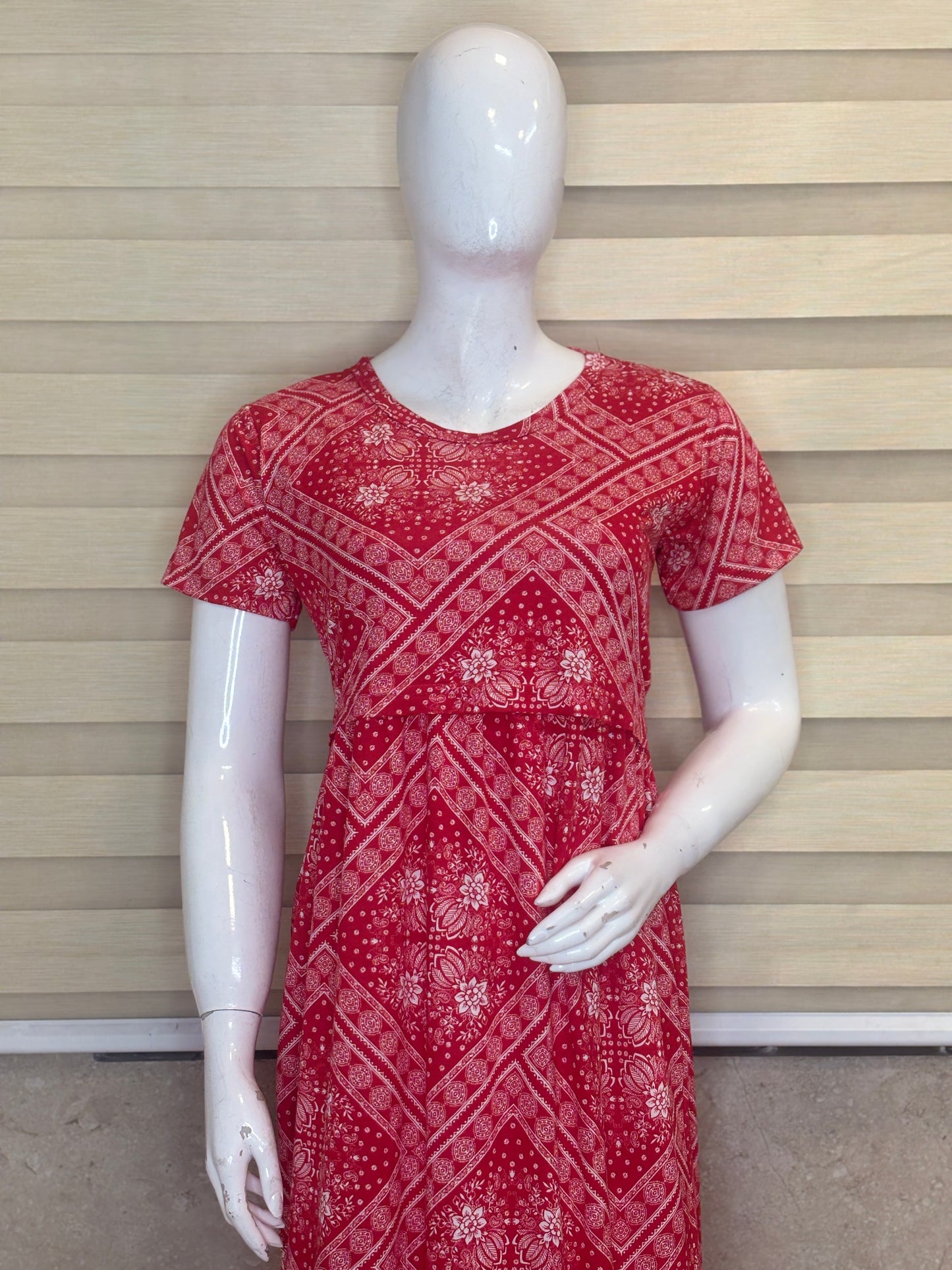 Coral Red Bandhani Floral Print Maternity Maxi