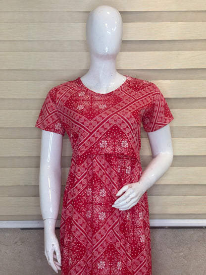 Coral Red Bandhani Floral Print Maternity Maxi