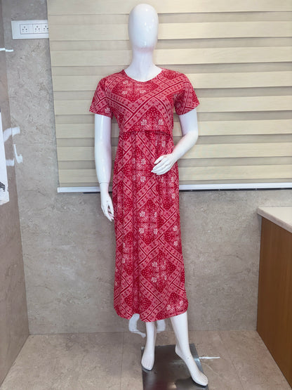 Coral Red Bandhani Floral Print Maternity Maxi