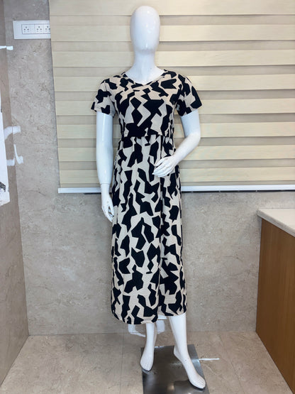 Beige Abstract Geometric Print Maternity Maxi