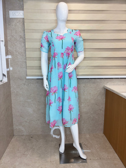 Aqua Blue Lotus Floral Feeding Georgette Maxi