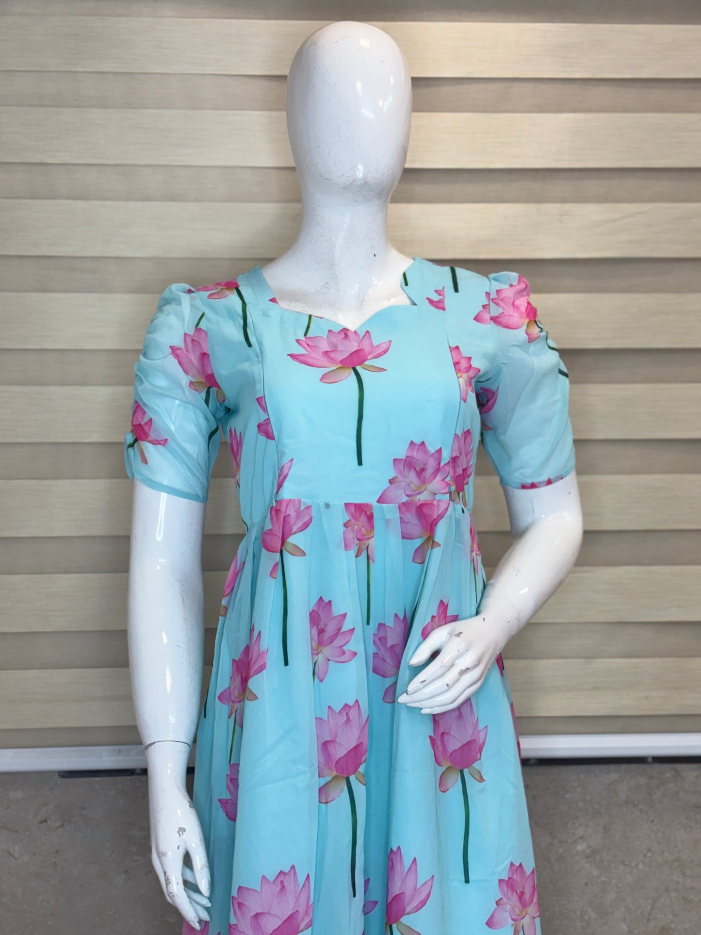 Aqua Blue Lotus Floral Feeding Georgette Maxi