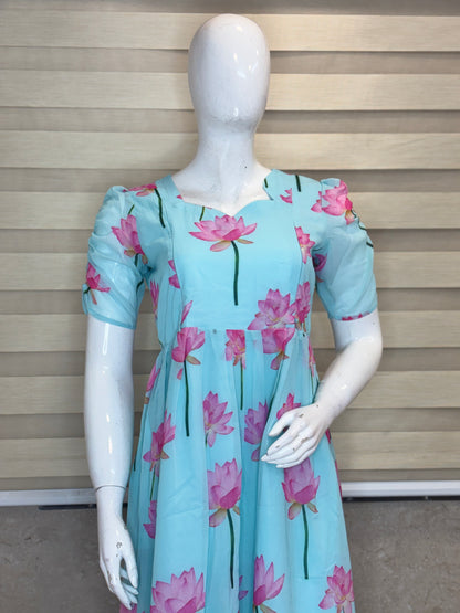 Aqua Blue Lotus Floral Feeding Georgette Maxi