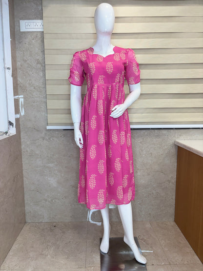 Rose Pink Golden Buta Print Feeding Georgette Maxi