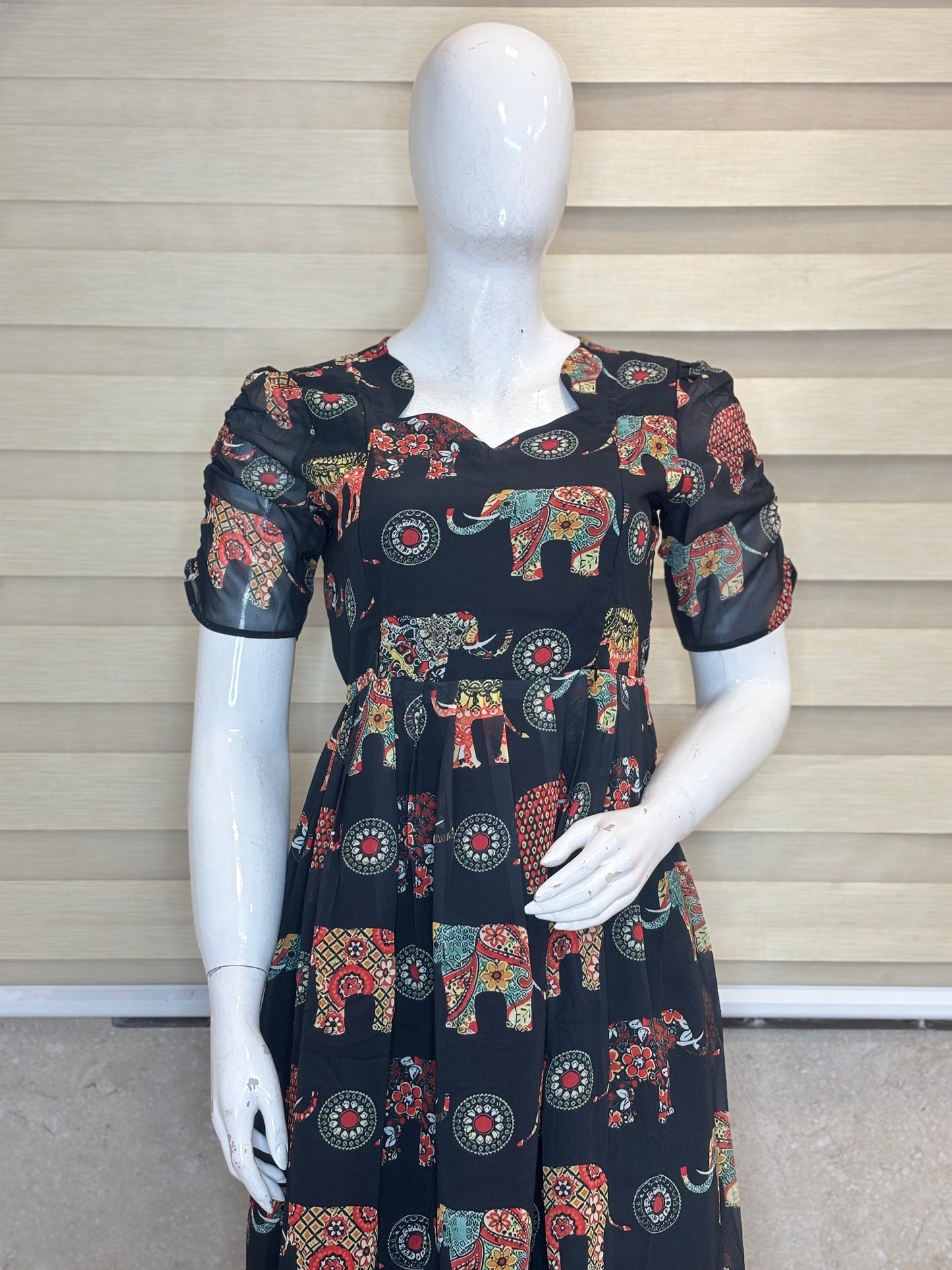 Black Elephant & Mandala Print Feeding Georgette Maxi