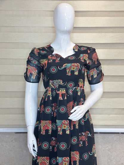 Black Elephant & Mandala Print Feeding Georgette Maxi