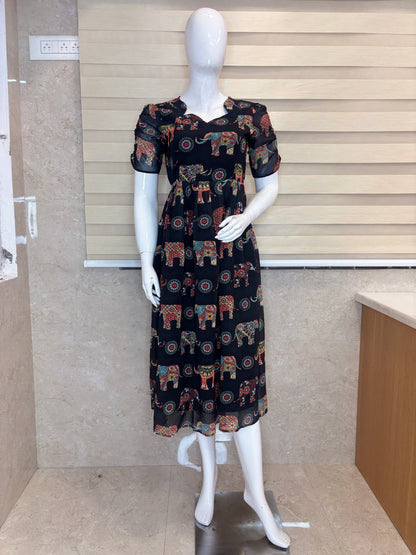 Black Elephant & Mandala Print Feeding Georgette Maxi
