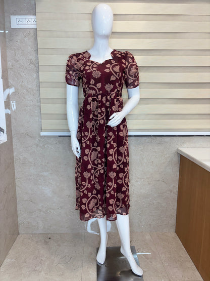 Chocolate Brown Floral & Lotus Vine Feeding Georgette Maxi
