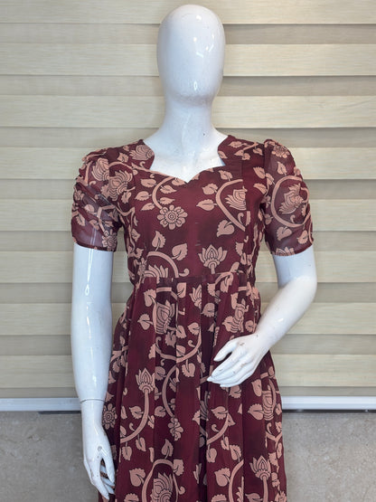 Chocolate Brown Floral & Lotus Vine Feeding Georgette Maxi