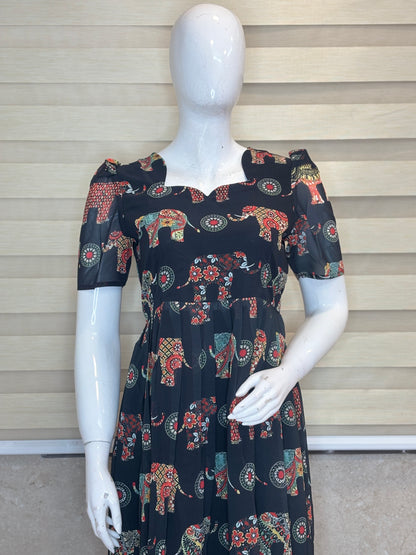 Black Elephant & Mandala Non-Feeding Georgette Maxi