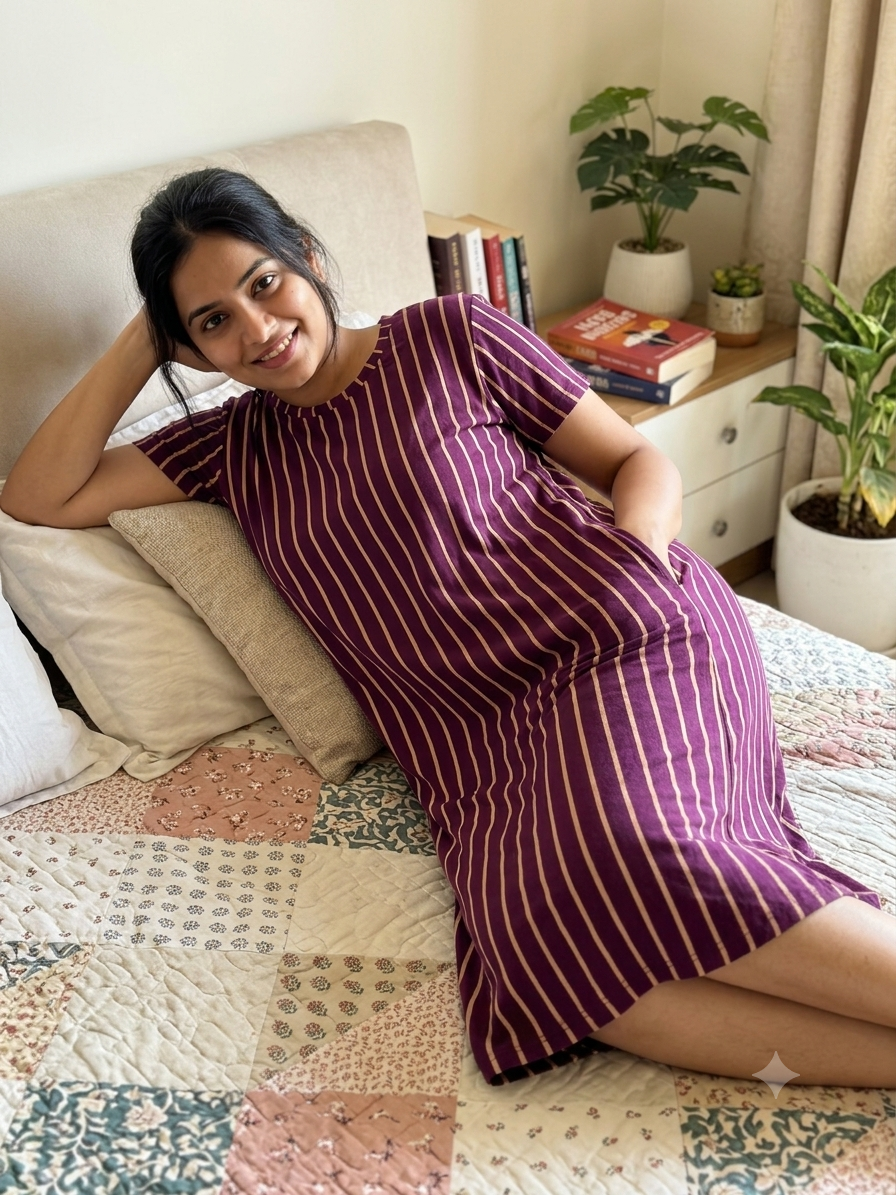 Royal Plum Stripe Cotton Lounge Tunic