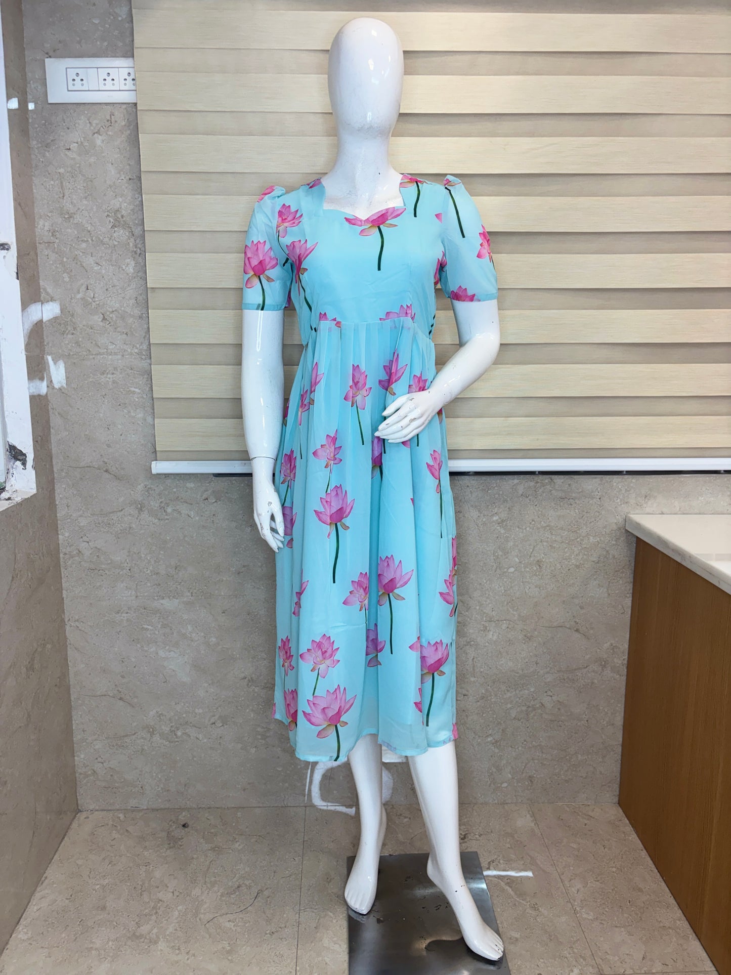 Aqua Blue Pink Lotus Floral Non-Feeding Georgette Maxi