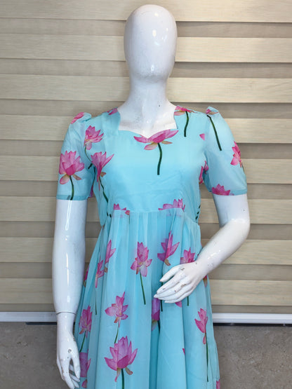 Aqua Blue Pink Lotus Floral Non-Feeding Georgette Maxi