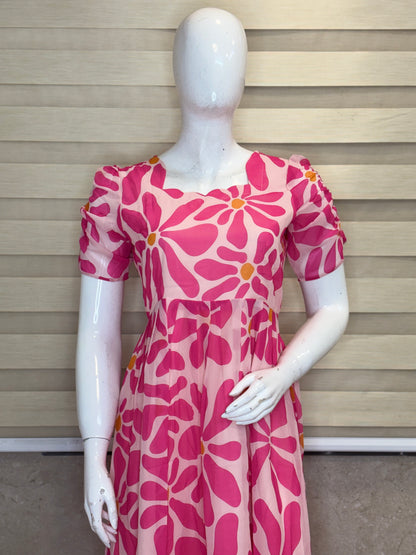 Baby Pink Abstract Floral Non-Feeding Georgette Maxi