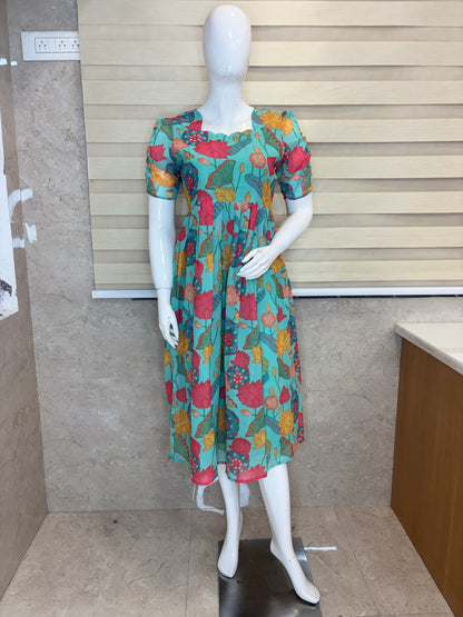 Aqua Blue Multicolor Floral Non-Feeding Georgette Maxi
