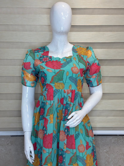 Aqua Blue Multicolor Floral Non-Feeding Georgette Maxi