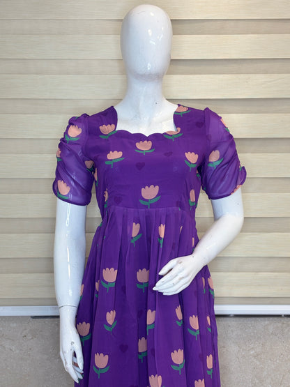 Royal Purple Tulip Floral Non-Feeding Georgette Maxi