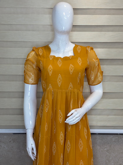 Mustard Yellow Diamond Butti Non-Feeding Georgette Maxi