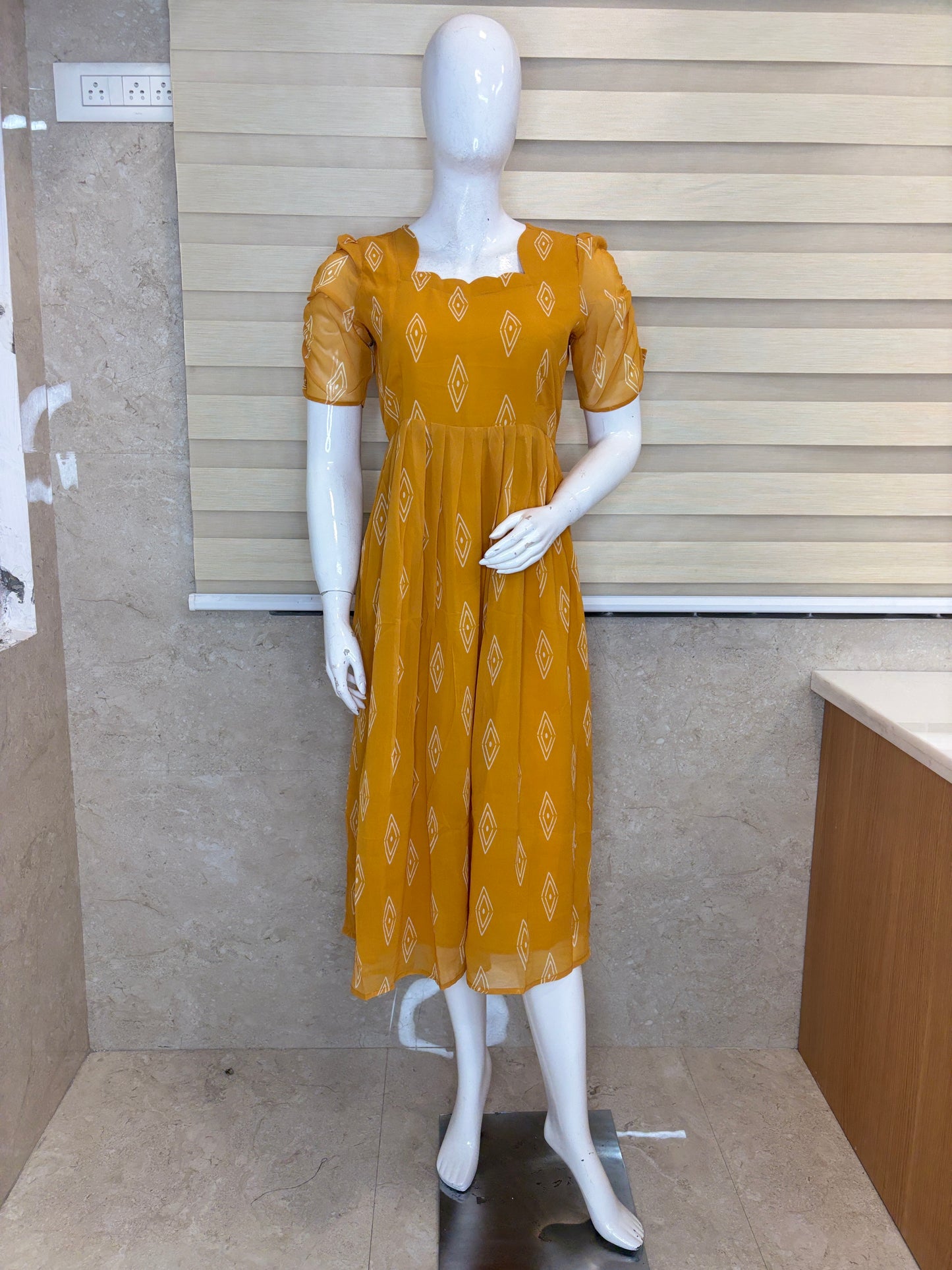 Mustard Yellow Diamond Butti Non-Feeding Georgette Maxi