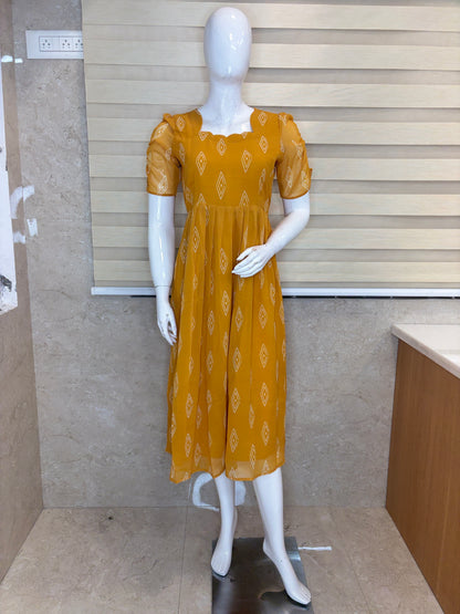 Mustard Yellow Diamond Butti Non-Feeding Georgette Maxi