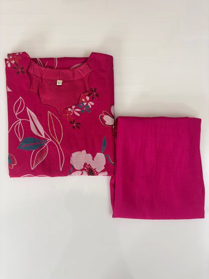 Chanderi Cotton Kurti with Silk Pant Rani Pink Floral Blossom Kurta