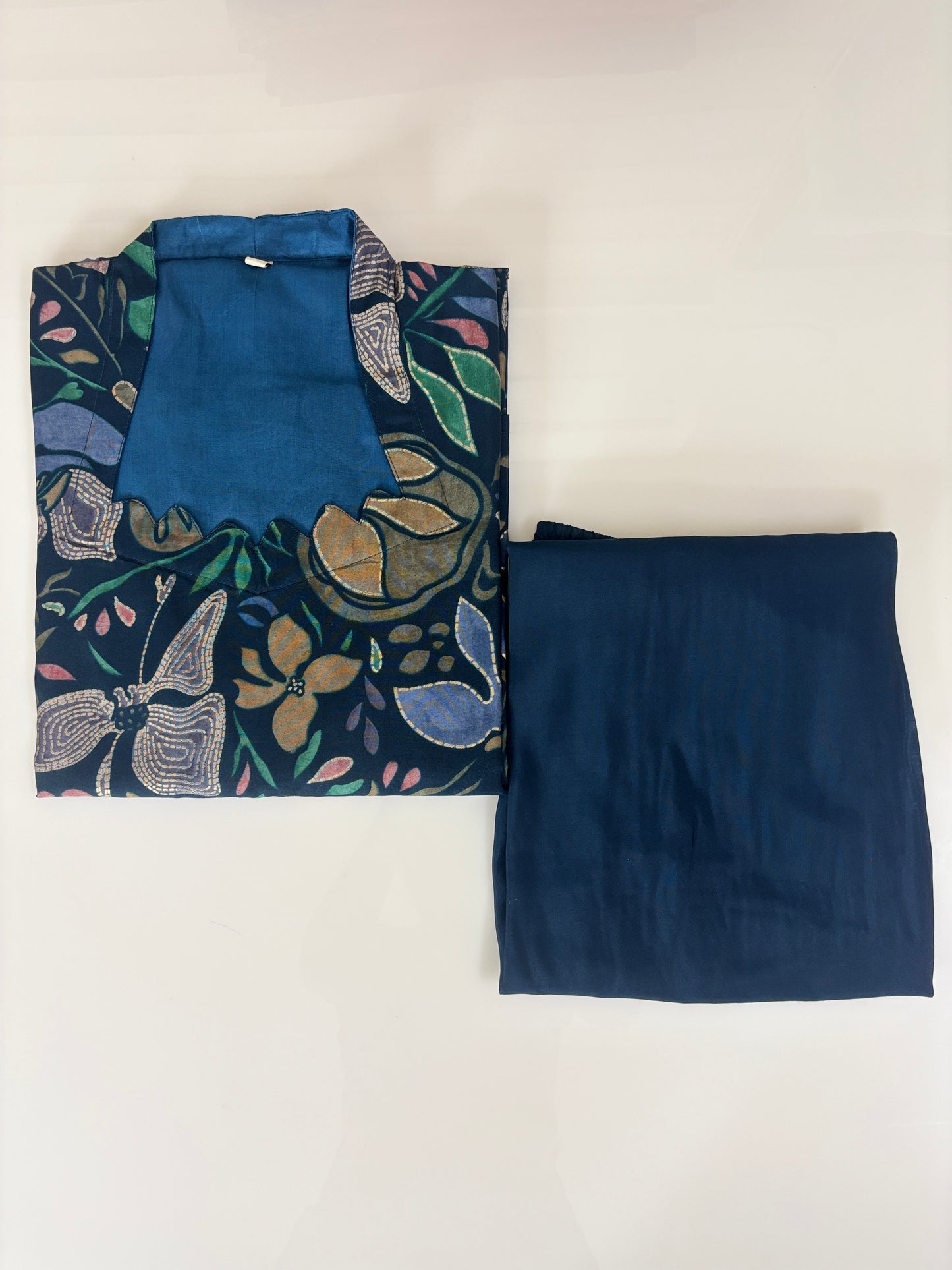Chanderi Cotton Kurti with Silk Pant Navy Blue Botanical Floral Kurta