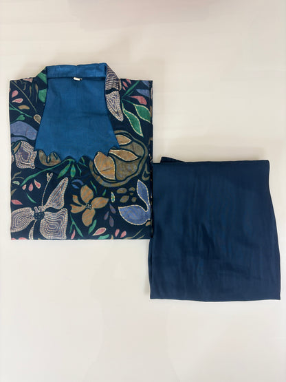 Chanderi Cotton Kurti with Silk Pant Navy Blue Botanical Floral Kurta