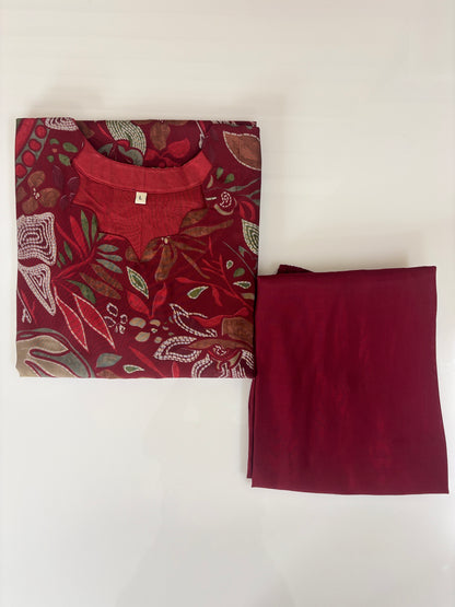 Chanderi Cotton Kurti with Silk Pant Wine Botanical Floral Kurta