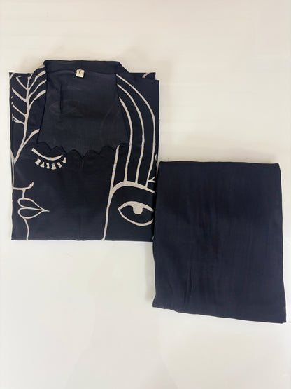 Chanderi Cotton Kurti with Silk Pant Black Abstract Face Print