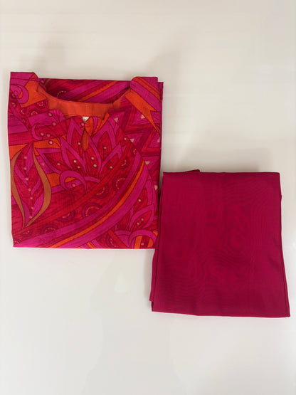 Chanderi Cotton Kurti with Silk Pant Ruby Pink Abstract Paisley