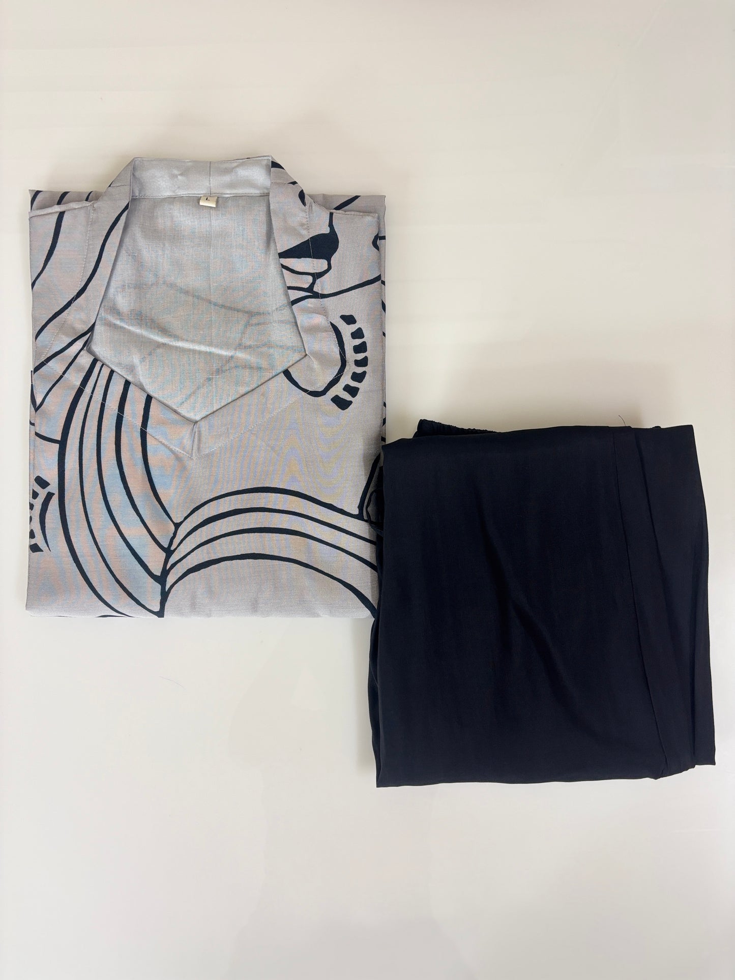 Chanderi Cotton Kurti with Silk Pant Grey Abstract Face Print