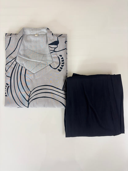 Chanderi Cotton Kurti with Silk Pant Grey Abstract Face Print
