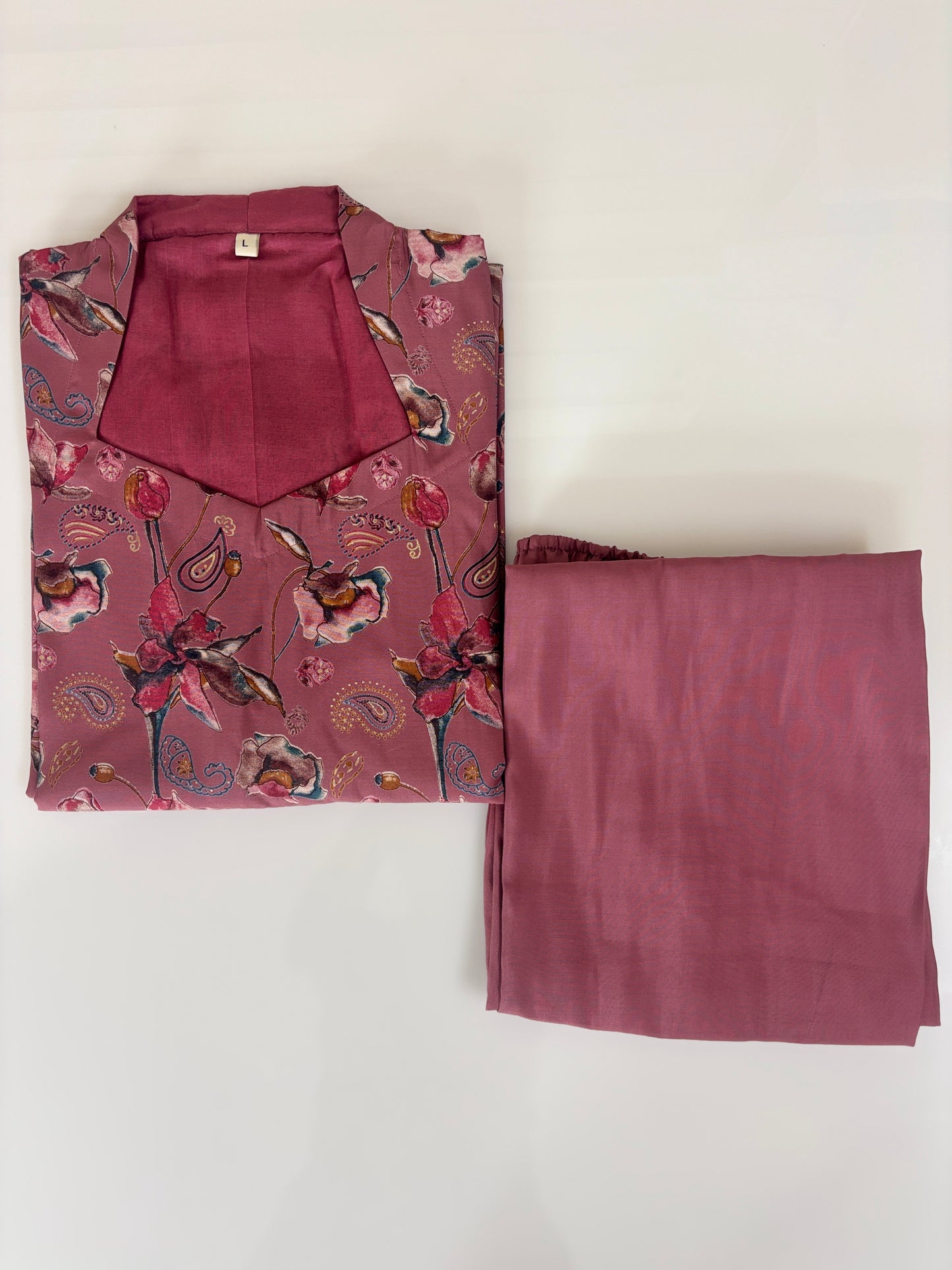 Chanderi Cotton Kurti with Silk Pant Wine Floral Bird Kurta