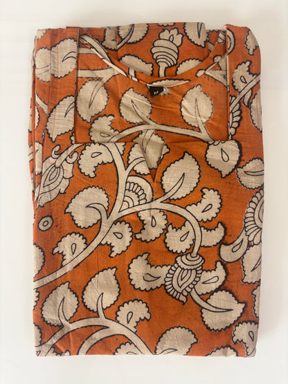 Rust Orange Ivory Floral Vine Kalamkari Feeding Maxi