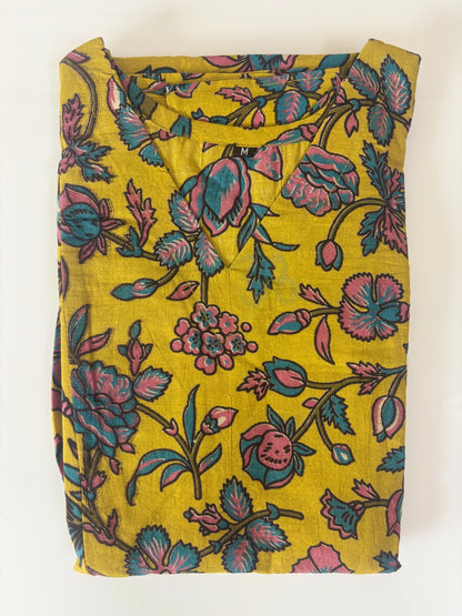 Mustard Yellow Floral Bloom Kalamkari Feeding Maxi