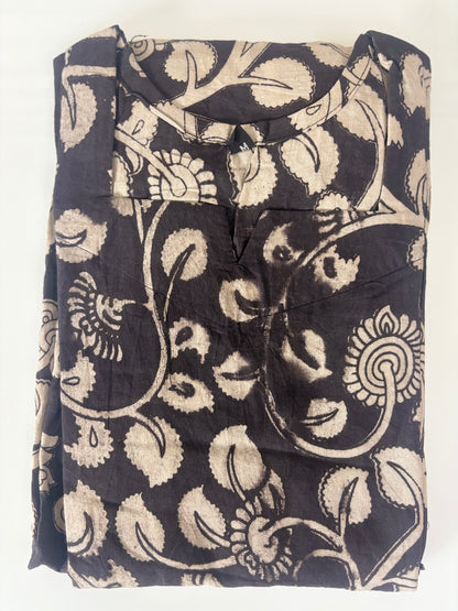 Charcoal Black Ivory Floral Vine Kalamkari Feeding Maxi