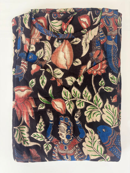 Black Peacock Floral Kalamkari Feeding Maxi