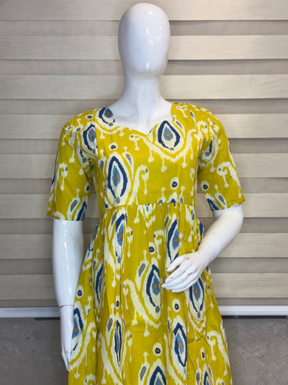Mustard Ikat Diamond Print cotton Feeding Maxi