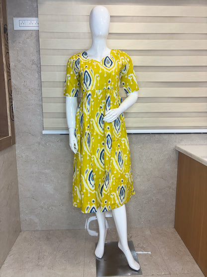 Mustard Ikat Diamond Print cotton Feeding Maxi