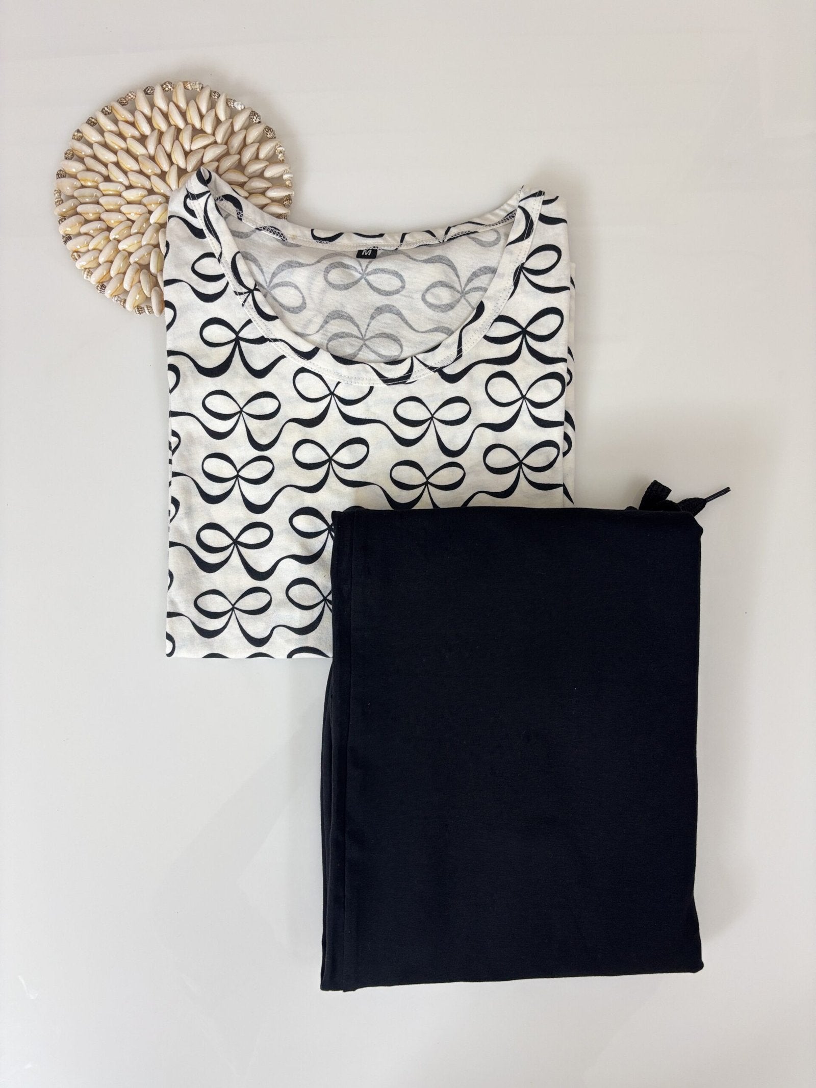 Knitted Cotton White with Black Bow Printed T-shirt and Black Palazzo Set